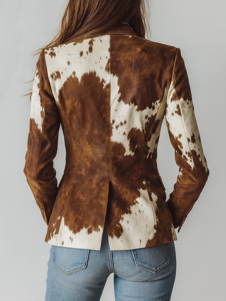 Blazer Eco-Friendly in Stile Vintage con Stampa di Mucca per Donne