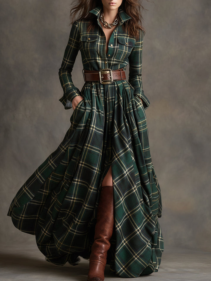Scarlett | Vestido Camisero Largo a Cuadros con Manga Larga y Cinturón