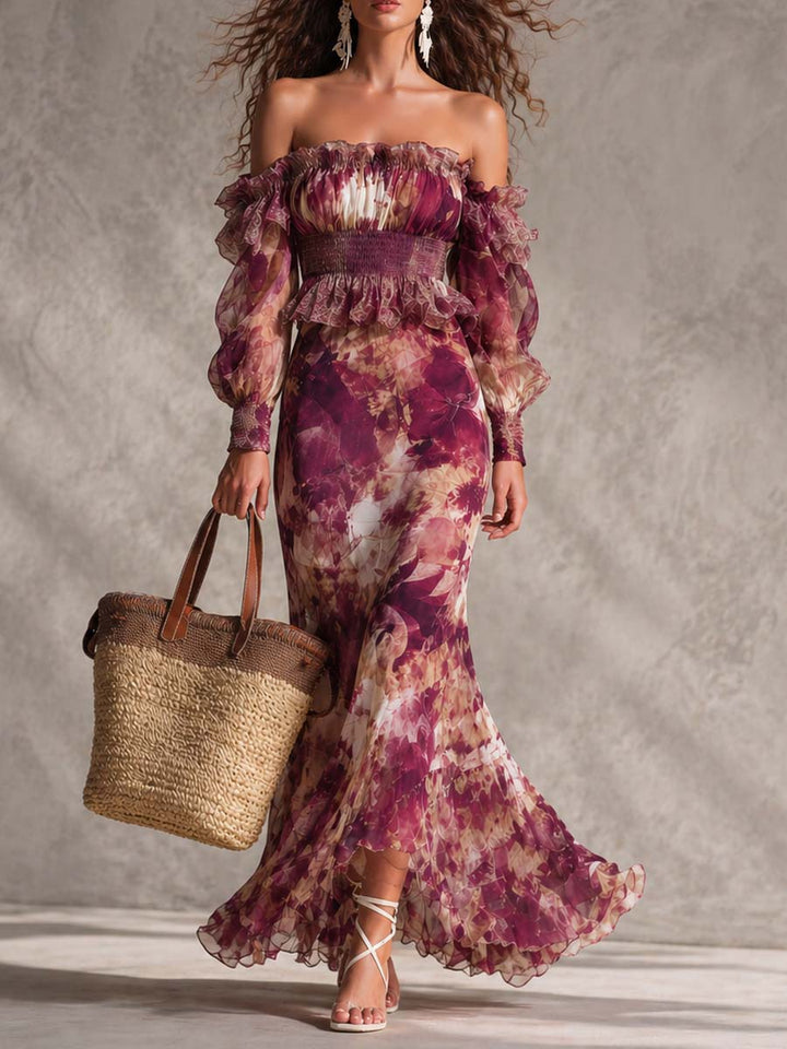 Abito Maxi in Chiffon Rosa Floreale con Spalle Scoperte