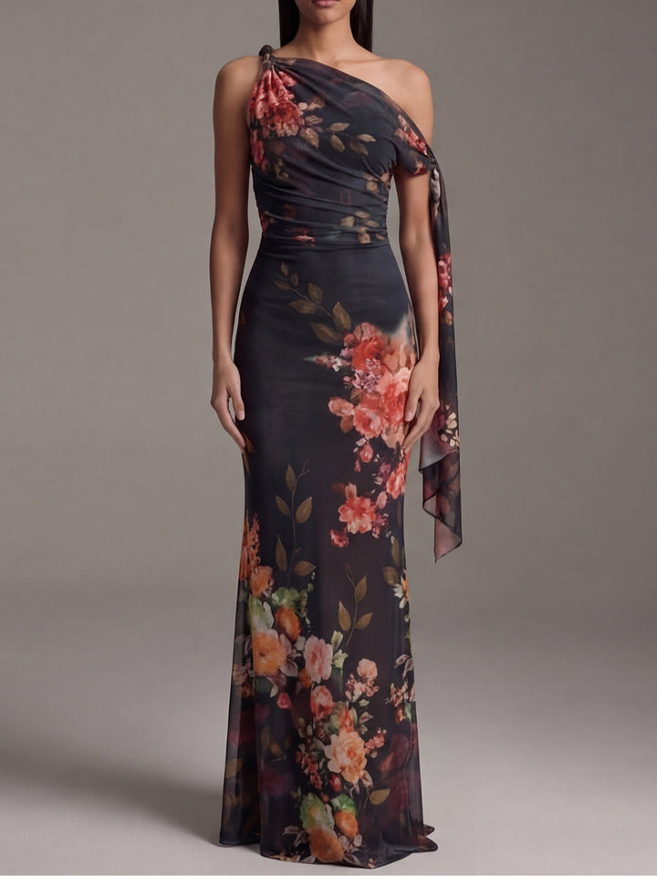 Abito Maxi in Chiffon Plissettato Stampato a Spalla Unica Nero