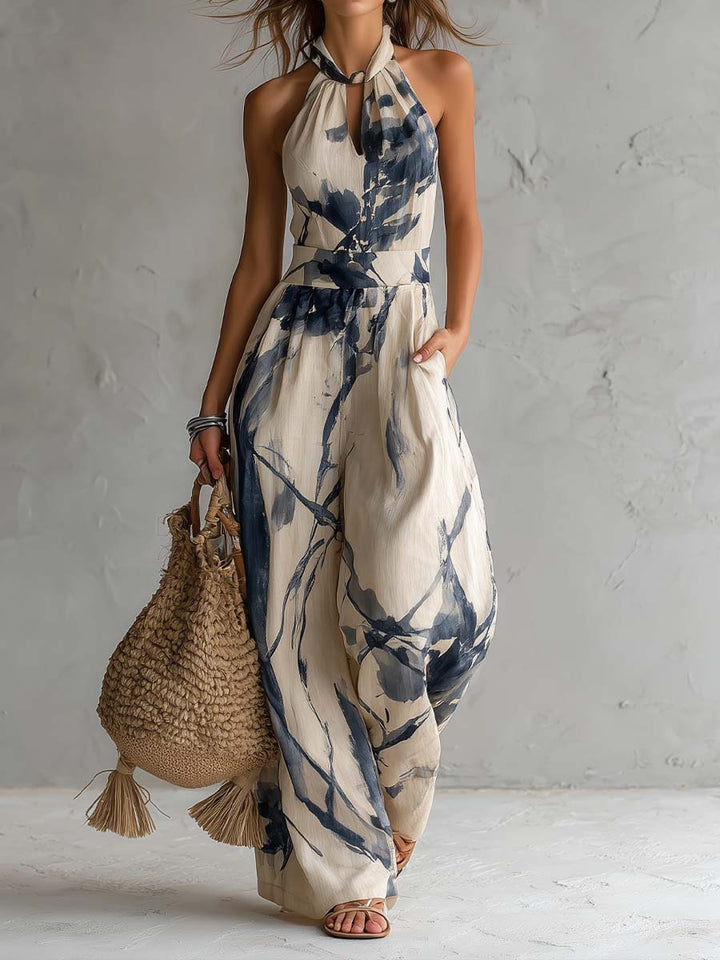Mono a Gamba Larga con Stampa di Inchiostro e Collo Halter con Tasche