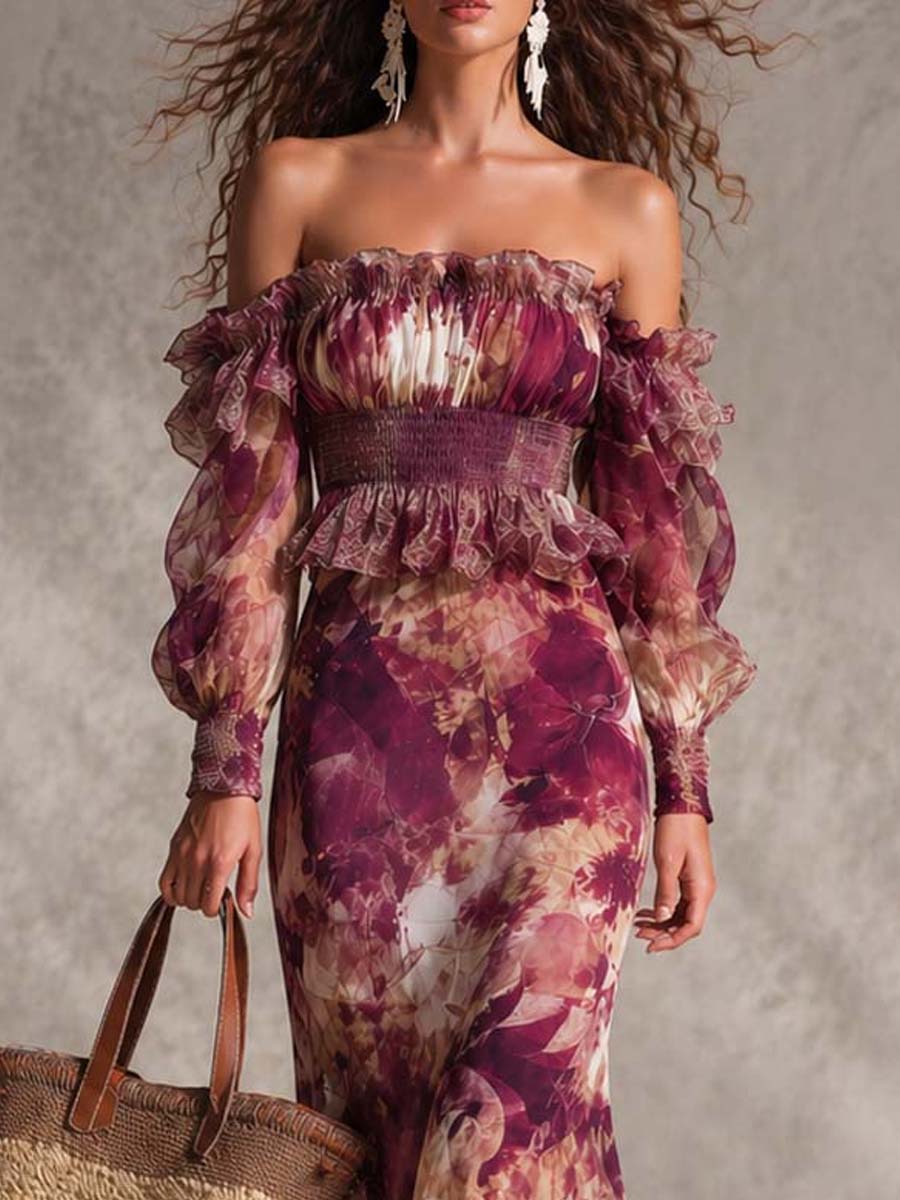 Abito Maxi in Chiffon Rosa Floreale con Spalle Scoperte
