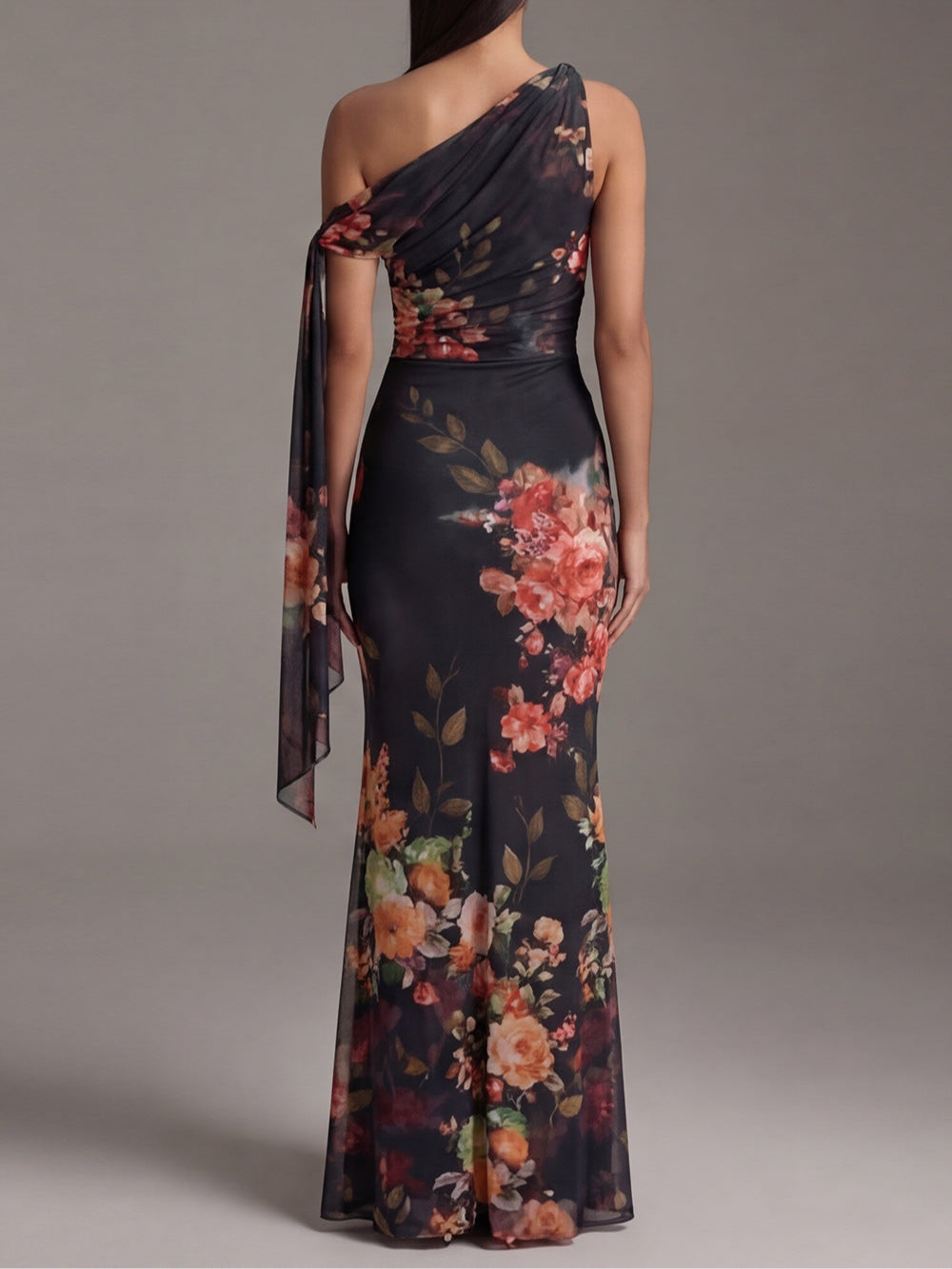Abito Maxi in Chiffon Plissettato Stampato a Spalla Unica Nero