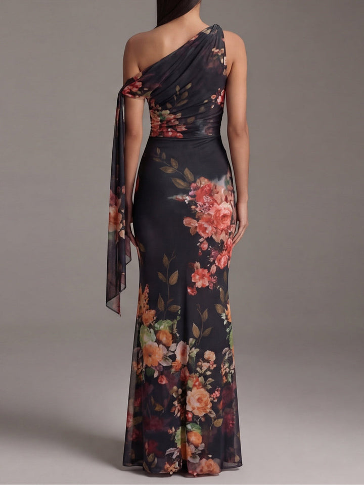 Abito Maxi in Chiffon Plissettato Stampato a Spalla Unica Nero