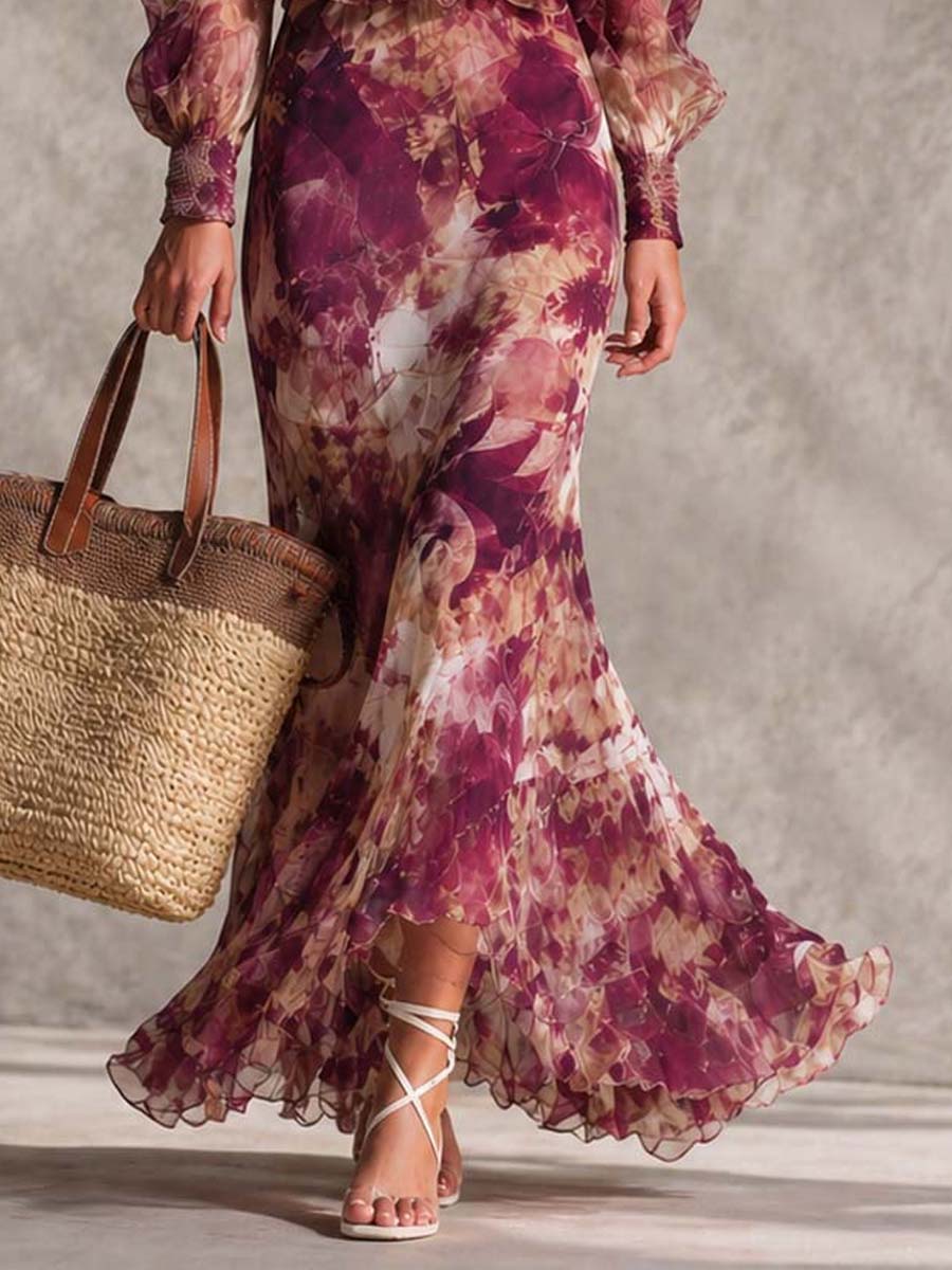 Abito Maxi in Chiffon Rosa Floreale con Spalle Scoperte