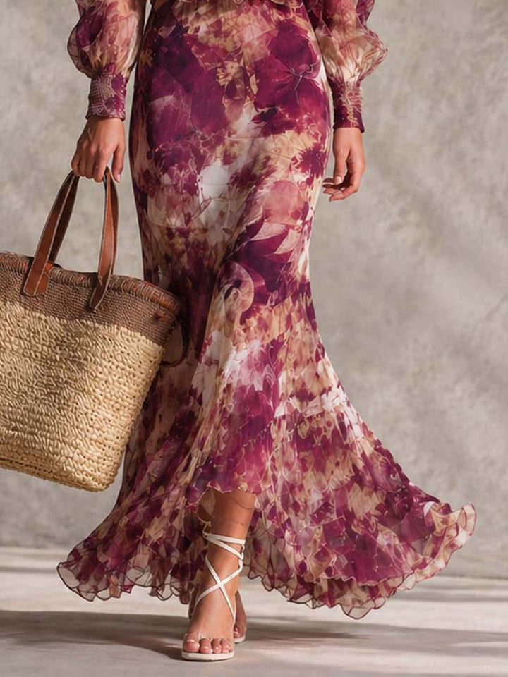 Abito Maxi in Chiffon Rosa Floreale con Spalle Scoperte