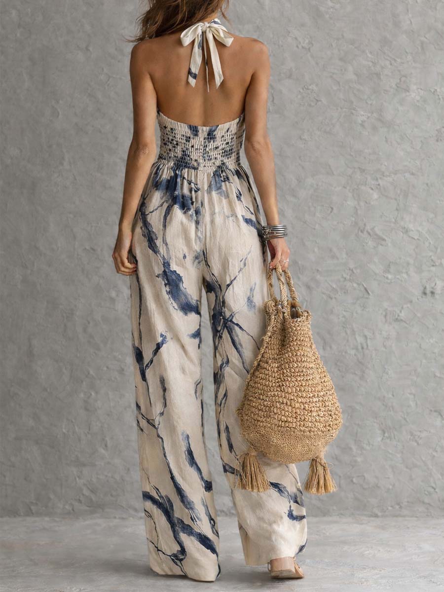 Mono a Gamba Larga con Stampa di Inchiostro e Collo Halter con Tasche