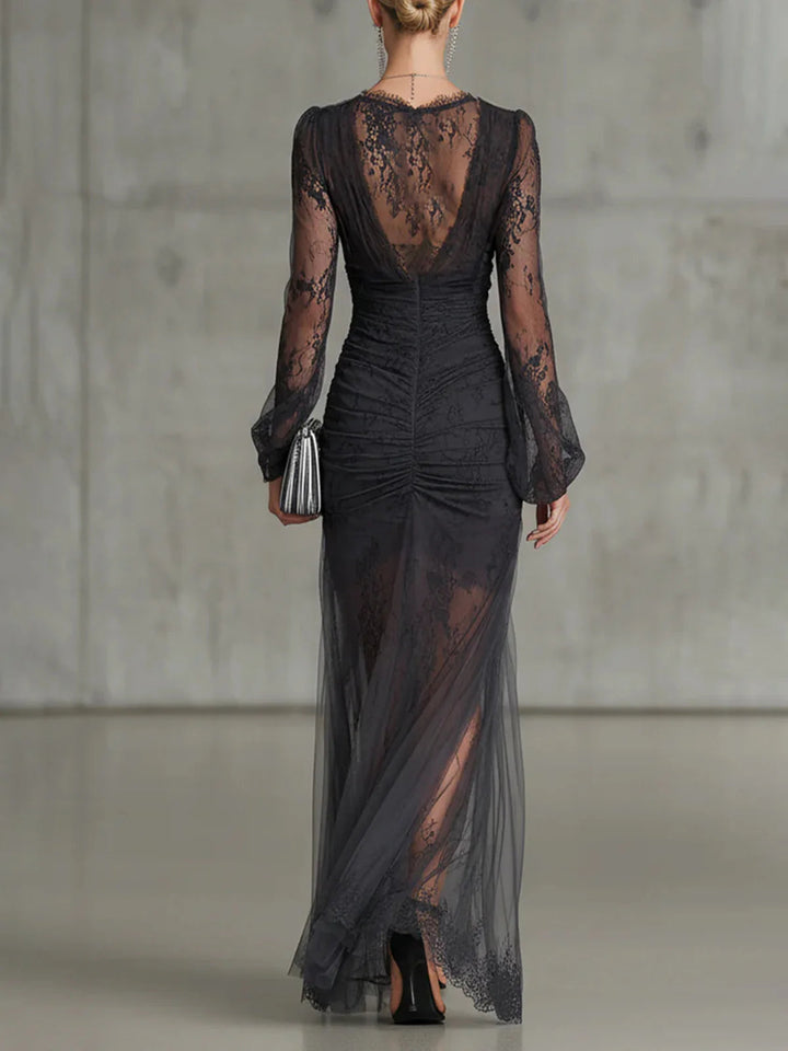 Abito Maxi Lungo in Pizzo Grigio Scuro con Maniche Lunghe e Spacco