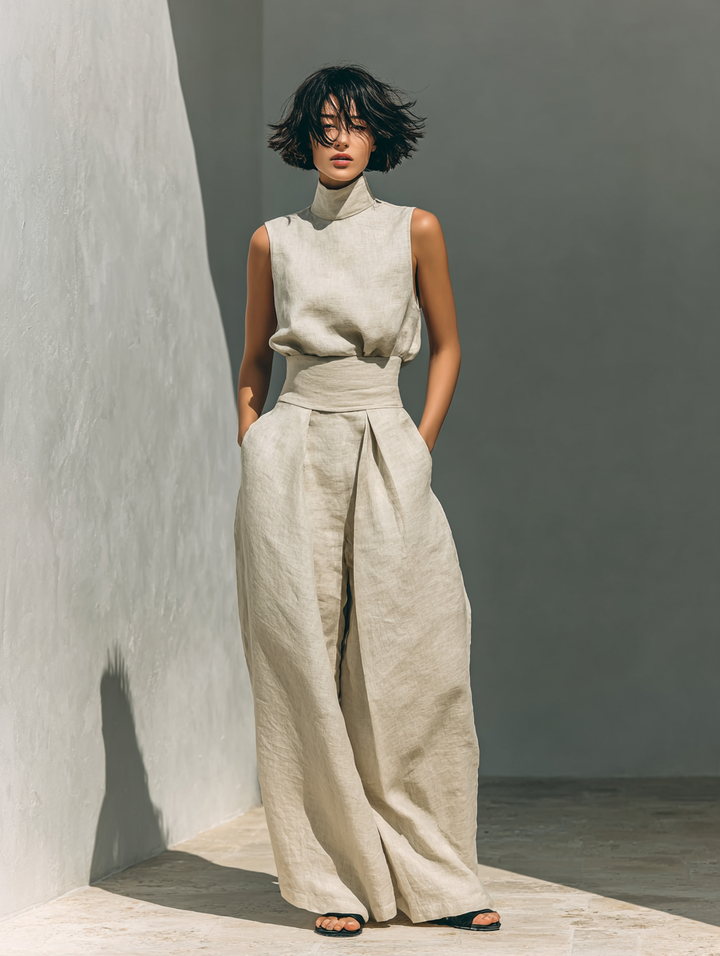 Conjunto que consiste en una blusa sin mangas y pantalones de pierna ancha, hecho de una mezcla de algodón y lino.