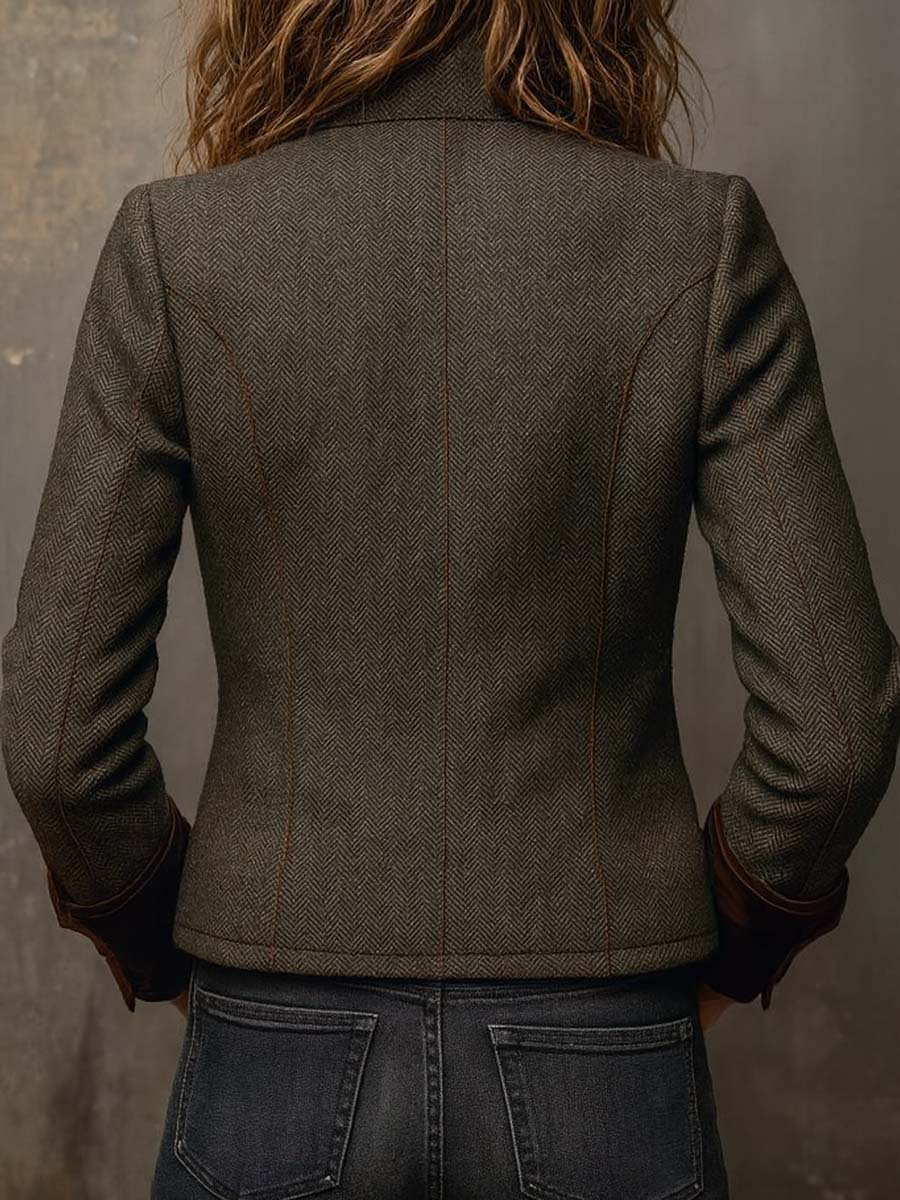 Blazer Vintage Donna in Herringbone con Rifiniture a Contrasto