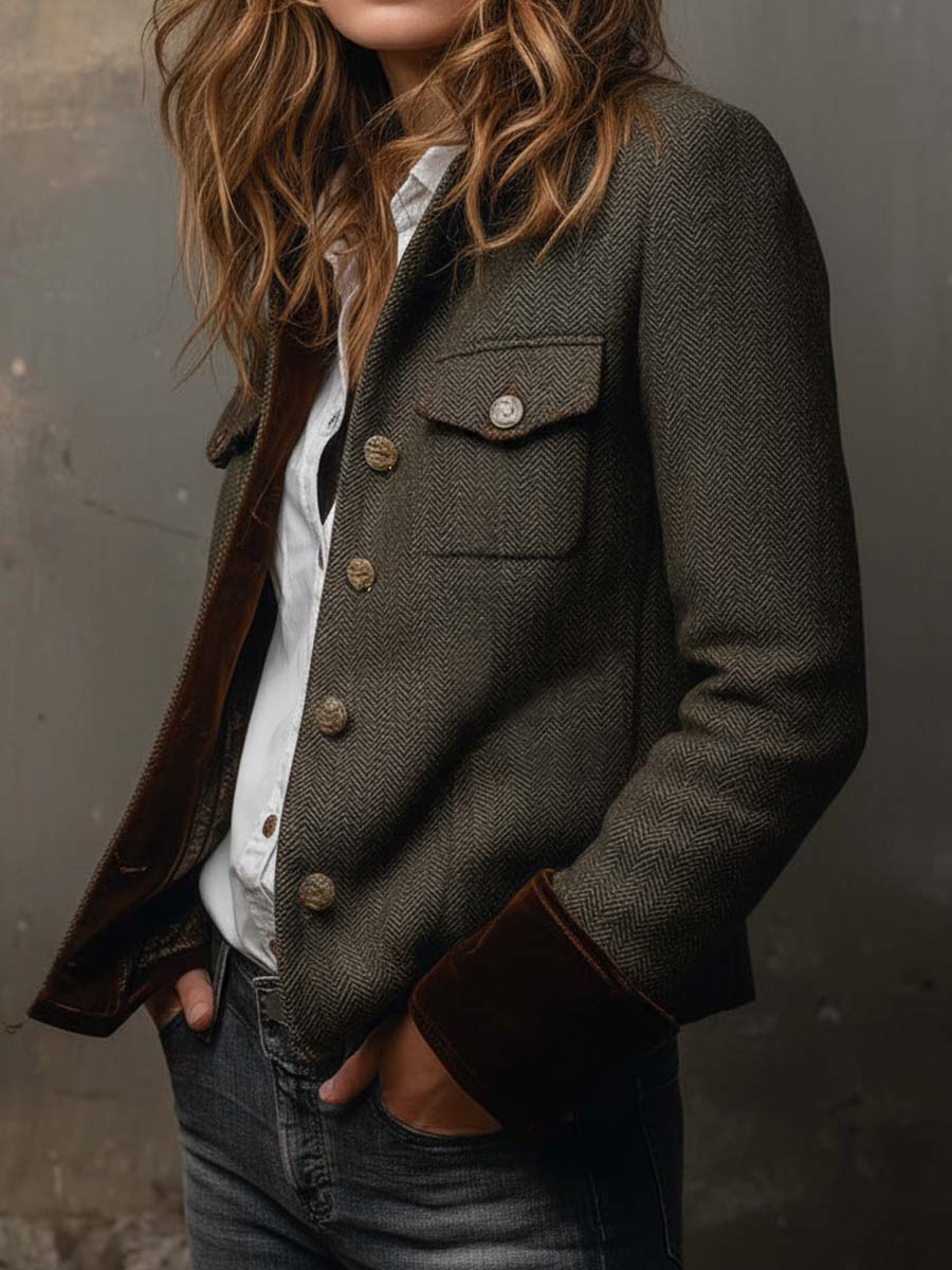 Blazer Vintage Donna in Herringbone con Rifiniture a Contrasto