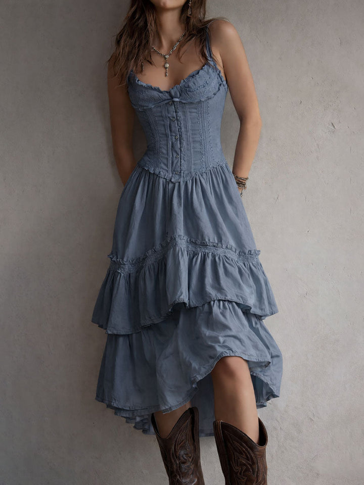 Abito Midi con Corsetto a Strati in Stile Retro Boho con Pizzo