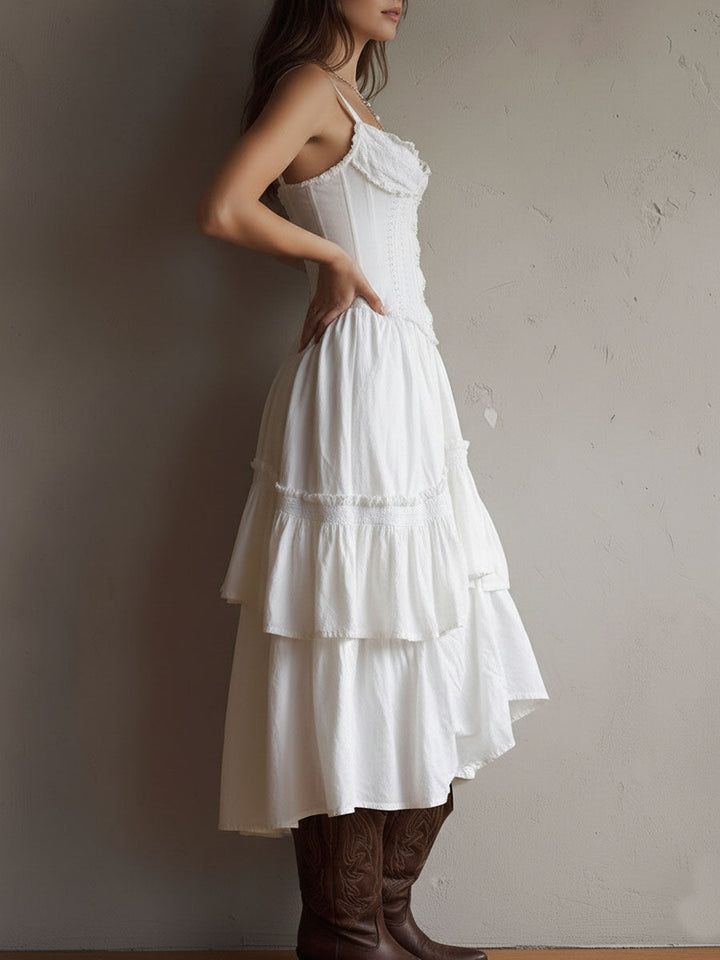 Abito Midi con Corsetto a Strati in Stile Retro Boho con Pizzo