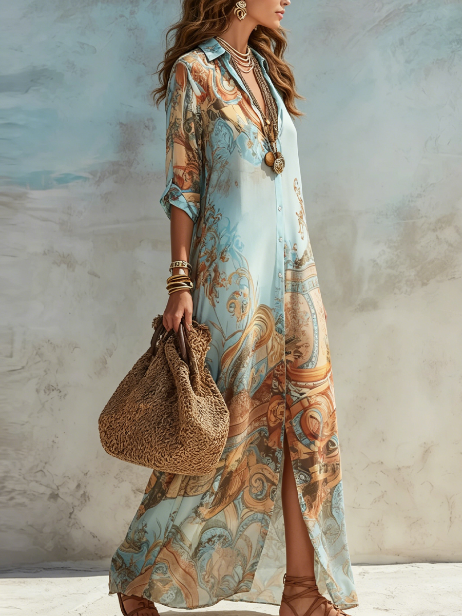 Abito Maxi in Chiffon Blu Floreale Barocco