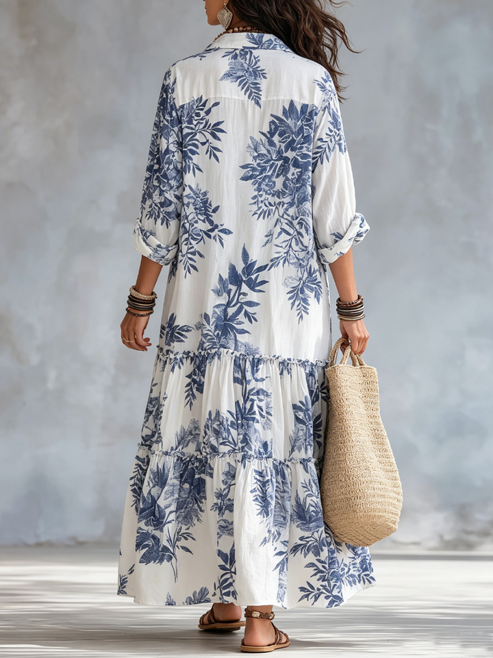 Abito Maxi Bohemien Blu con Stampa Floreale