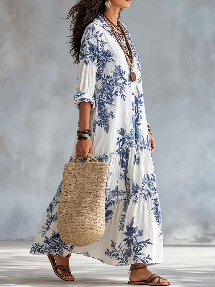 Abito Maxi Bohemien Blu con Stampa Floreale