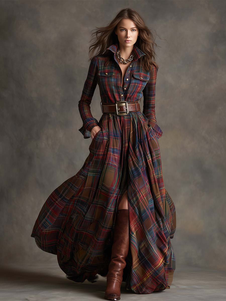 Scarlett | Vestido Camisero Largo a Cuadros con Manga Larga y Cinturón