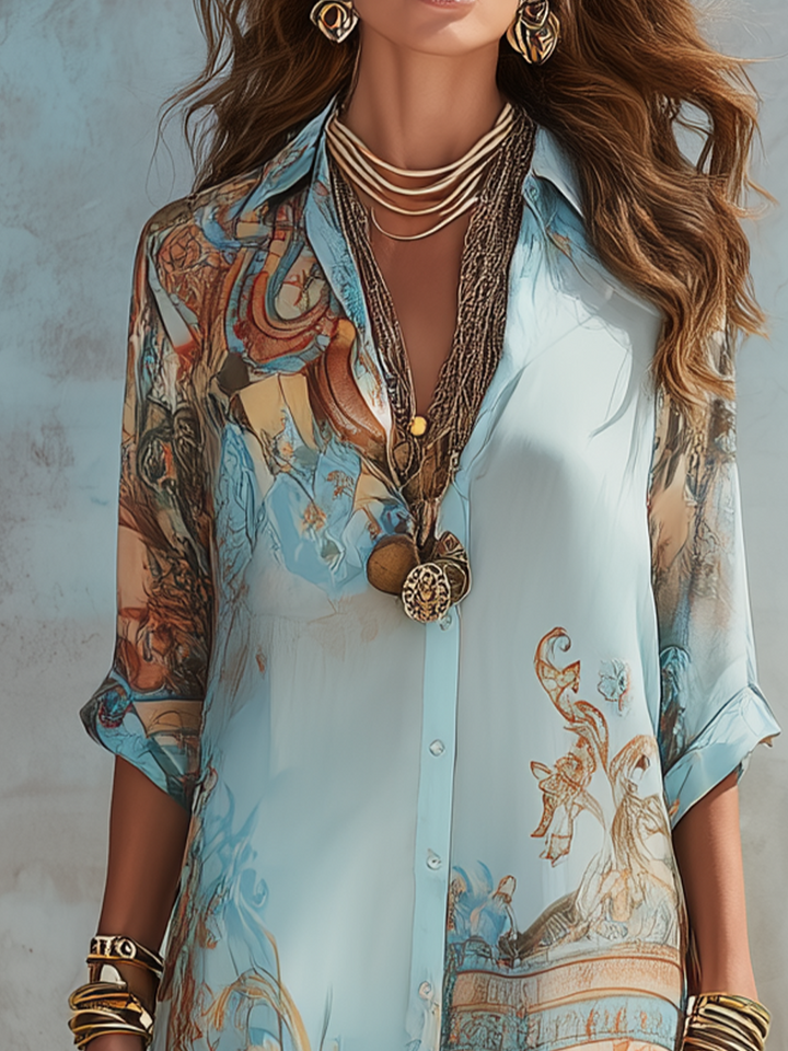 Abito Maxi in Chiffon Blu Floreale Barocco