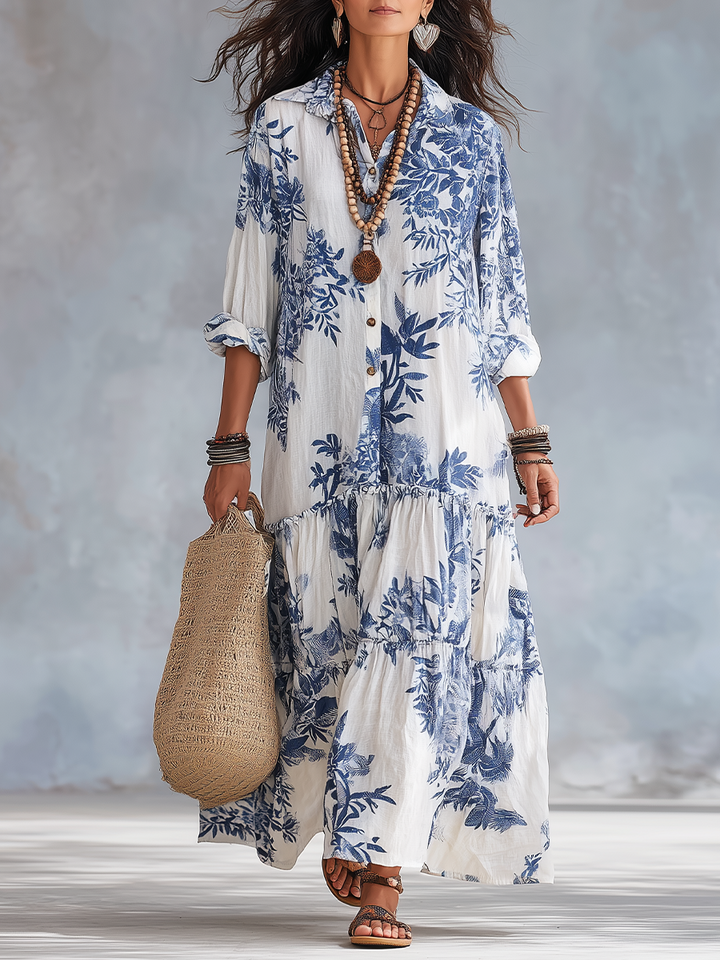 Abito Maxi Bohemien Blu con Stampa Floreale