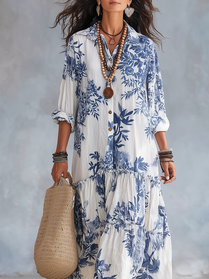 Abito Maxi Bohemien Blu con Stampa Floreale