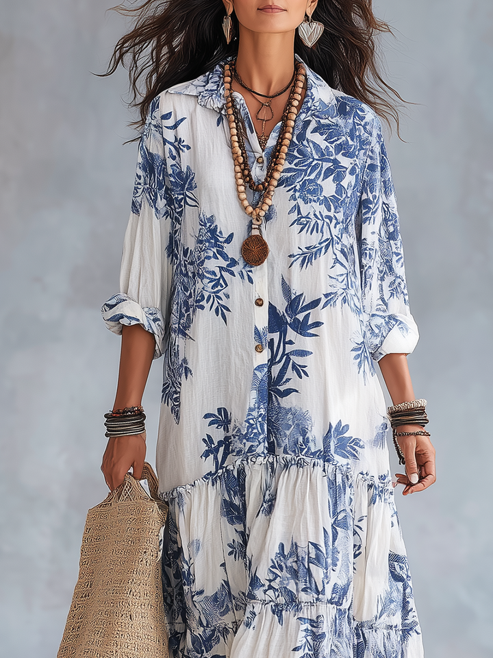 Abito Maxi Bohemien Blu con Stampa Floreale