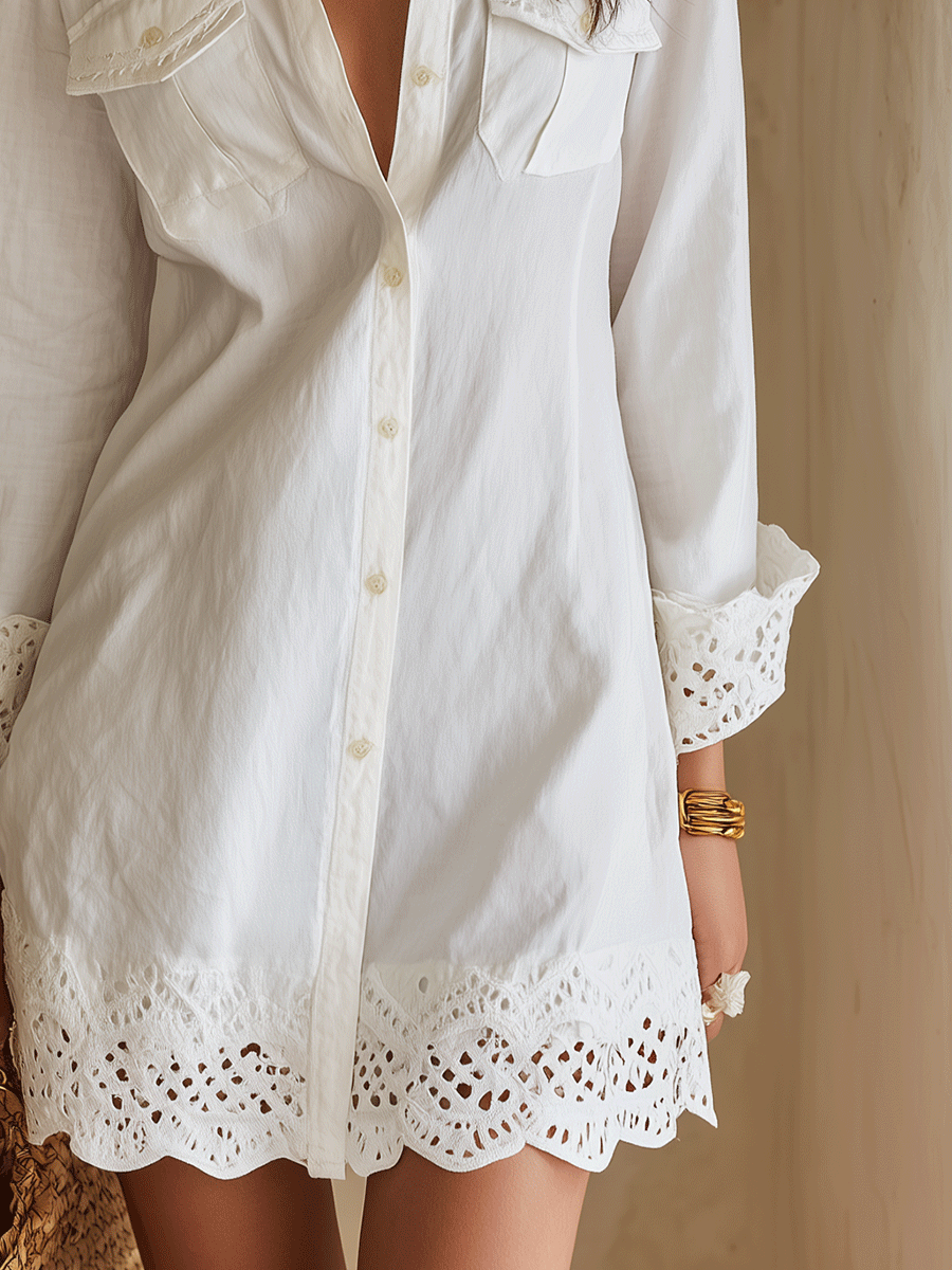 Vestito Mini Camicia Bianco con Orlo a Occhiello Bohemien