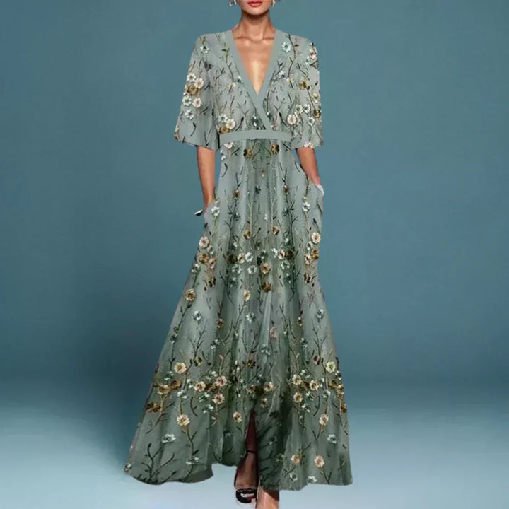 Hazel - Vestido Maxi Floral con Cinturón y Escote en V