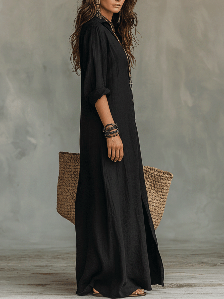 Vestito Maxi Bohemien con Bottoni Frontali Neri