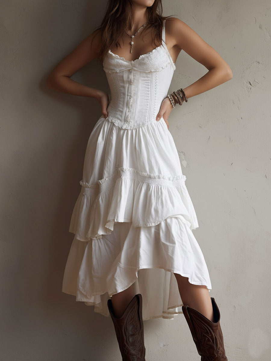 Abito Midi con Corsetto a Strati in Stile Retro Boho con Pizzo