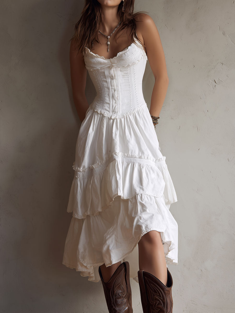 Abito Midi con Corsetto a Strati in Stile Retro Boho con Pizzo