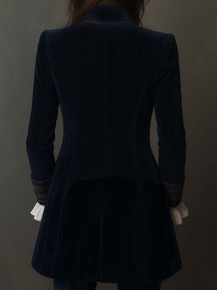 Giacca Longline Ricamata Vintage da Donna in Blu Navy