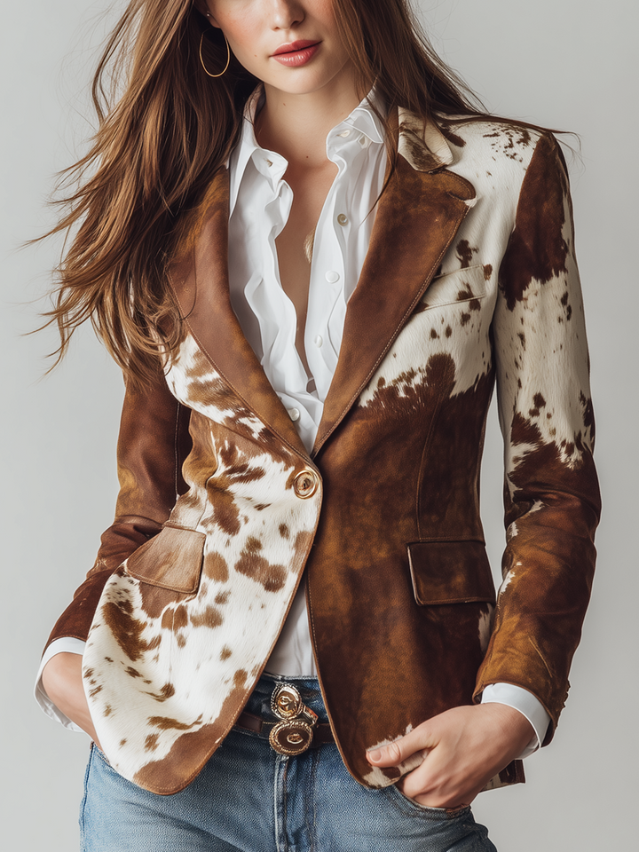 Blazer Eco-Friendly in Stile Vintage con Stampa di Mucca per Donne