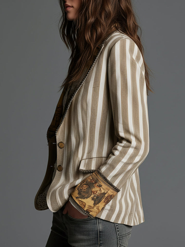 Blazer Donna Boho a Righe Stampato con Rever