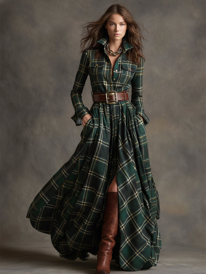 Scarlett | Vestido Camisero Largo a Cuadros con Manga Larga y Cinturón