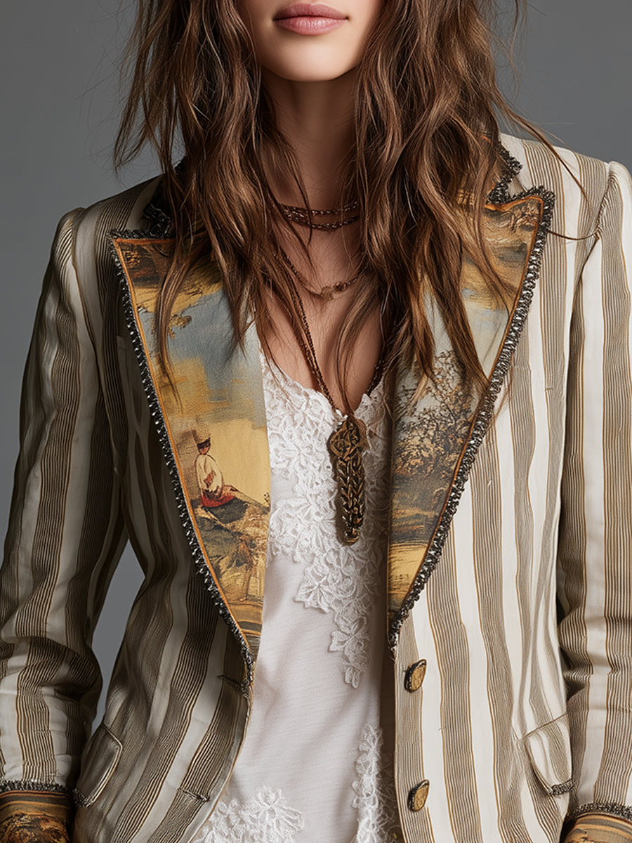 Blazer Donna Boho a Righe Stampato con Rever