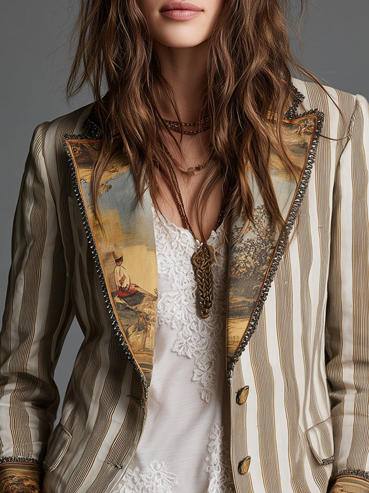 Blazer Donna Boho Striped Stampato con Rever