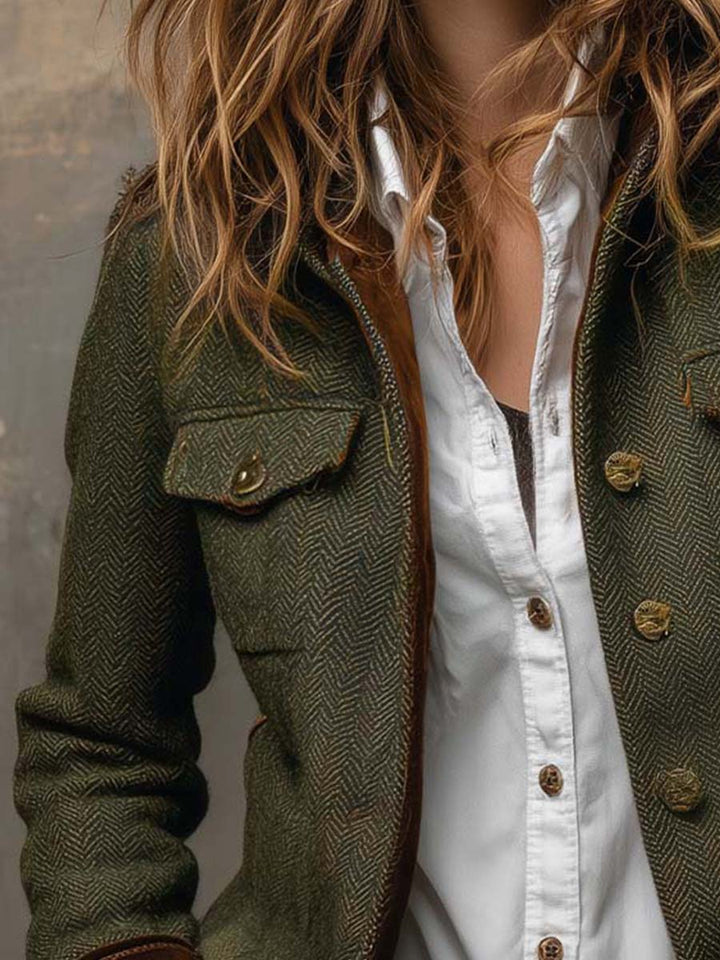 Blazer Vintage Donna in Herringbone con Rifiniture a Contrasto