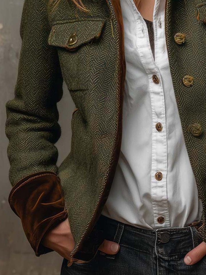 Blazer Vintage Donna in Herringbone con Rifiniture a Contrasto