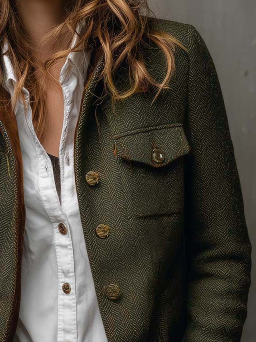 Blazer Vintage Donna in Herringbone con Rifiniture a Contrasto