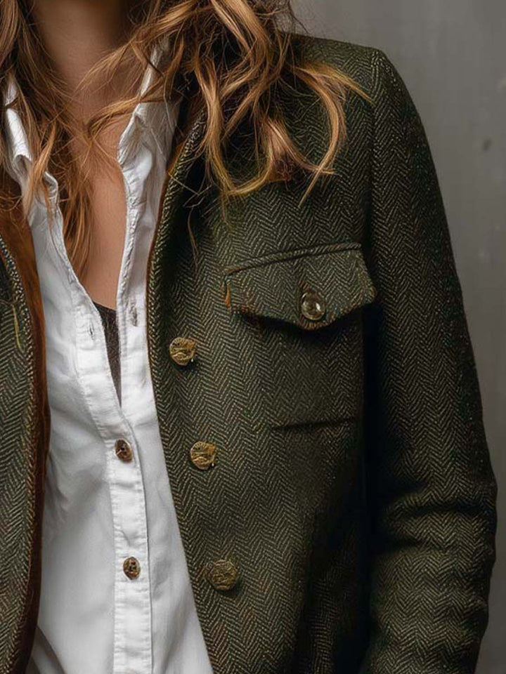 Blazer Vintage Donna in Herringbone con Rifiniture a Contrasto