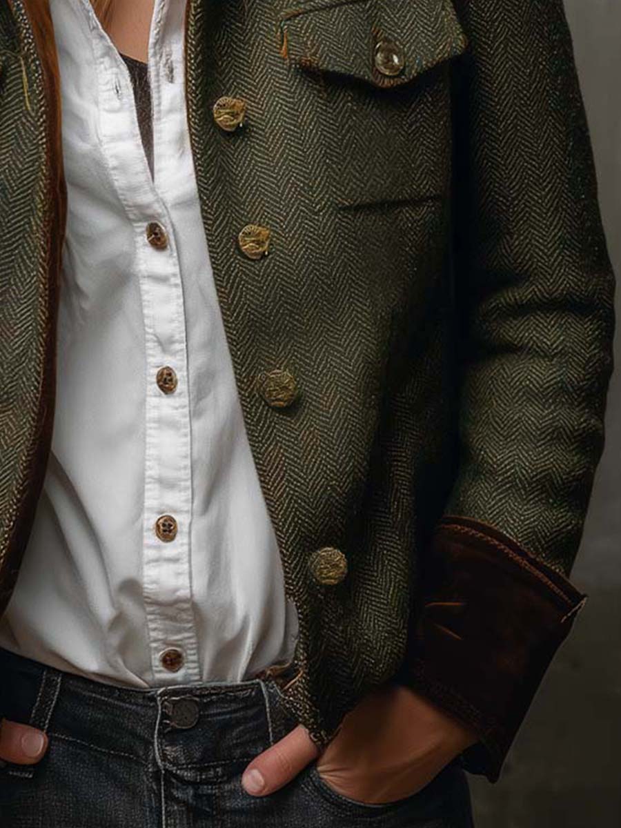 Blazer Vintage Donna in Herringbone con Rifiniture a Contrasto