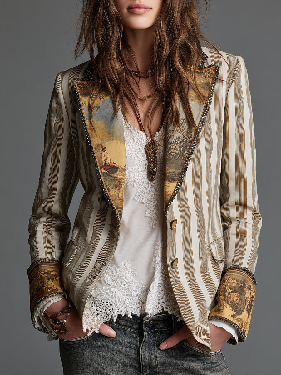 Blazer Donna Boho a Righe Stampato con Rever