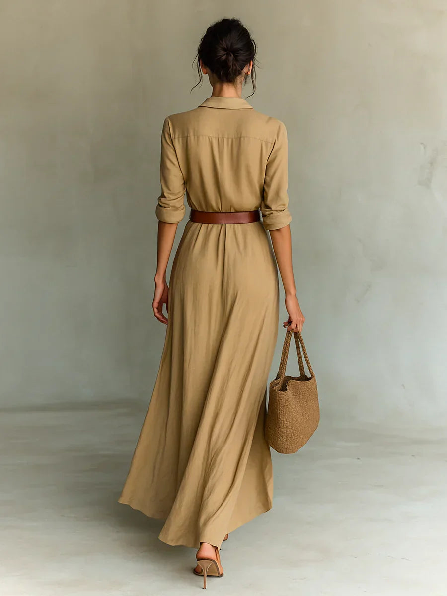 Camille™ | Vestido Maxi con Solapas y Cinturón de Cintura