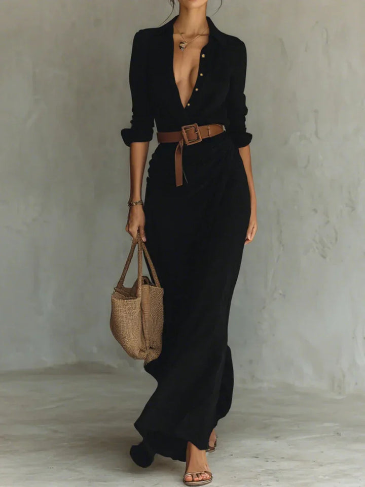 Camille™ | Vestido Maxi con Solapas y Cinturón de Cintura