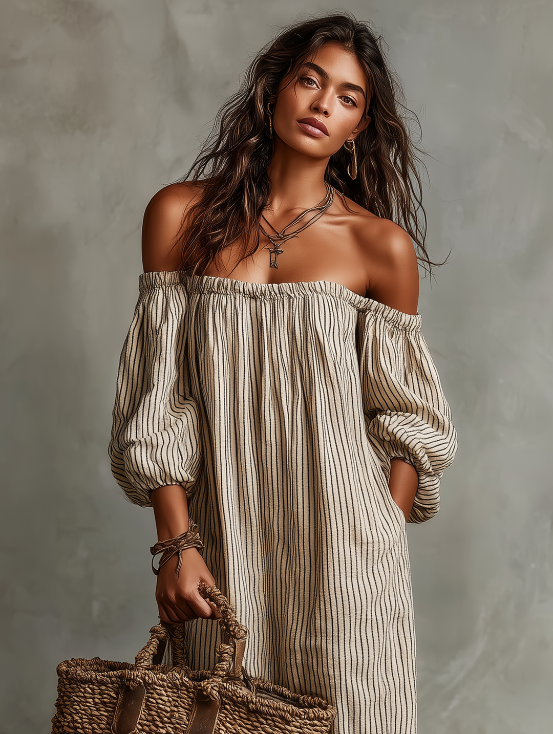 Carmen | Vestido largo de algodón y lino con diseño off-the-shoulder