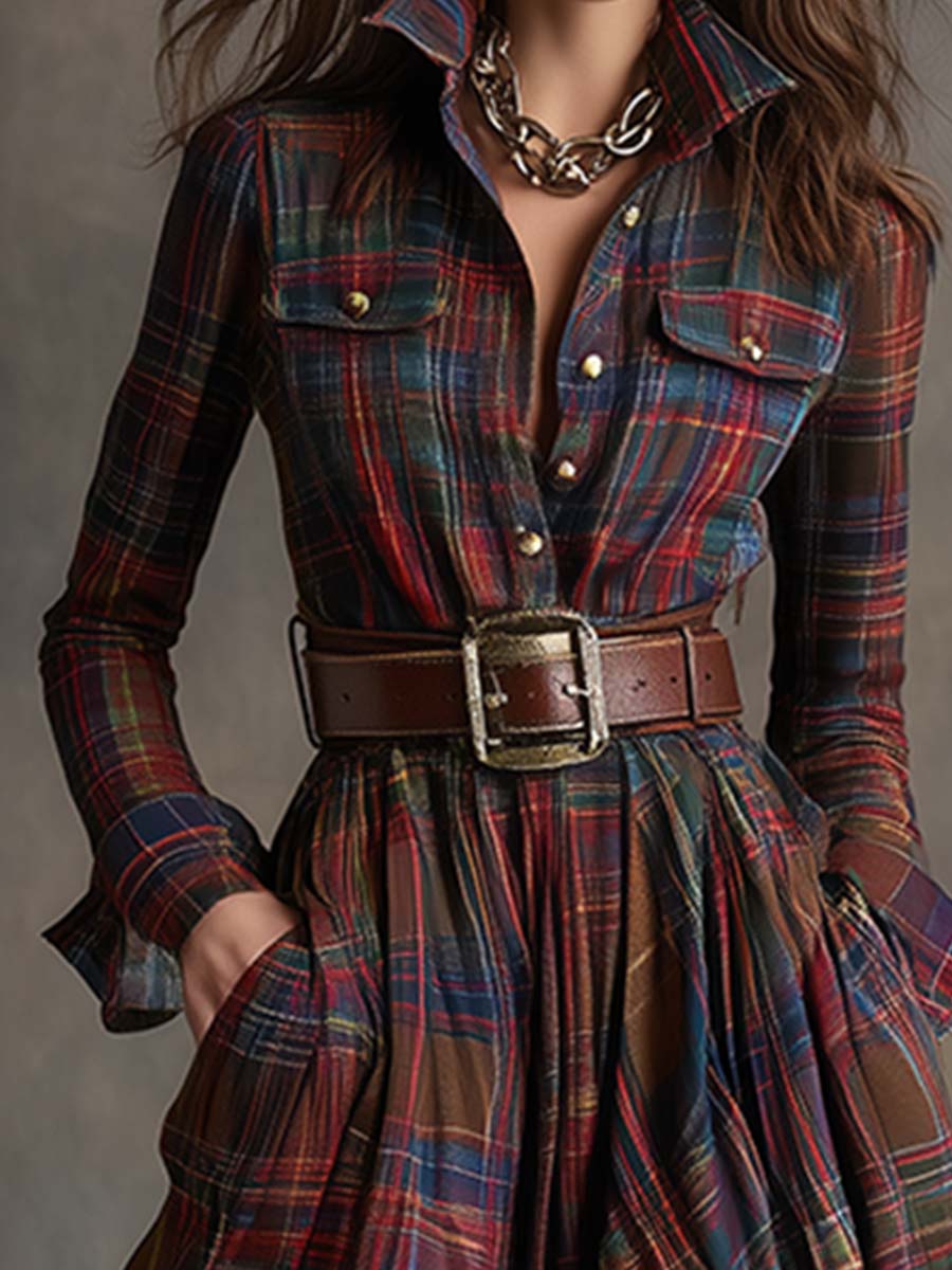 Scarlett | Vestido Camisero Largo a Cuadros con Manga Larga y Cinturón