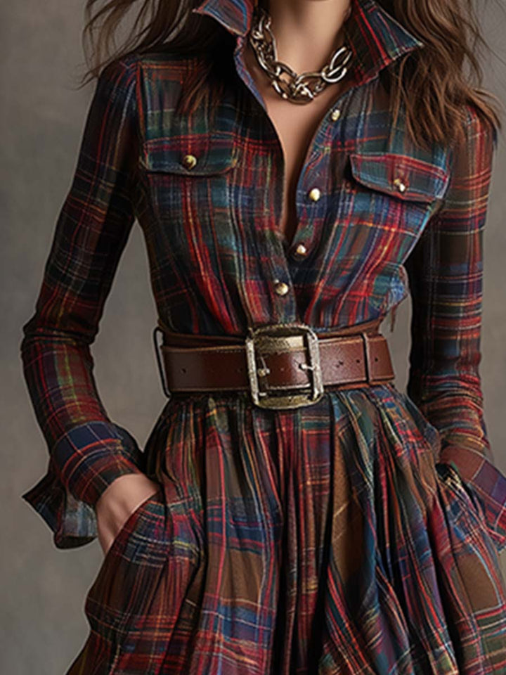 Scarlett | Vestido Camisero Largo a Cuadros con Manga Larga y Cinturón