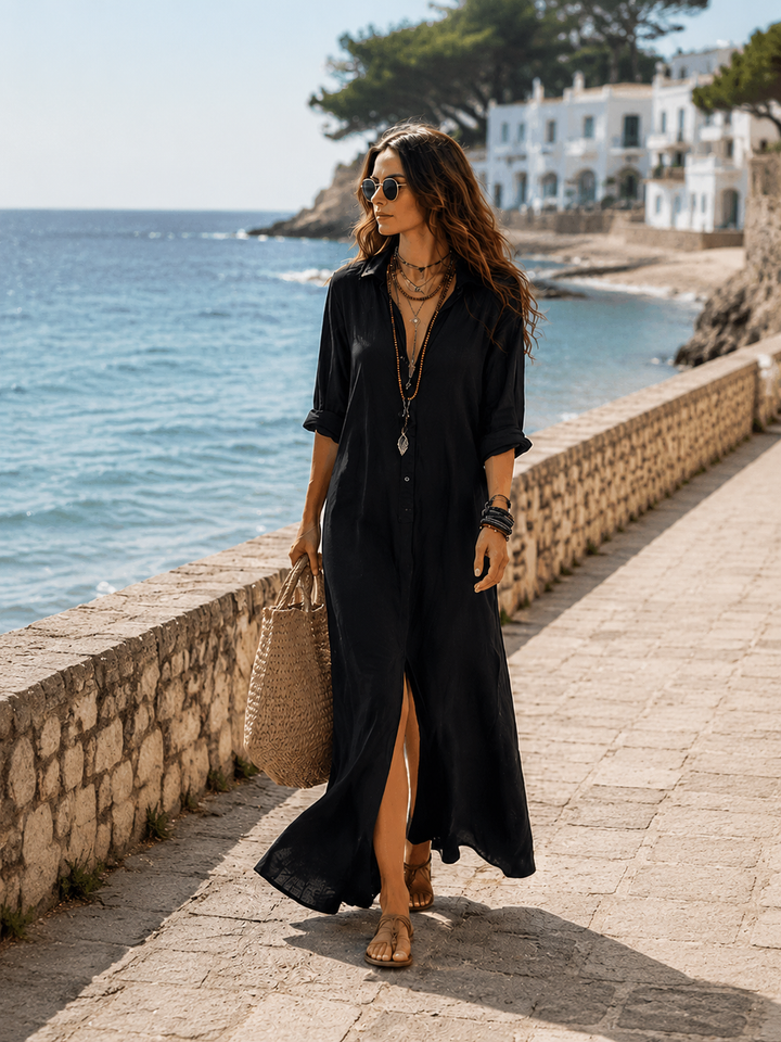 Vestito Maxi Bohemien con Bottoni Frontali Neri