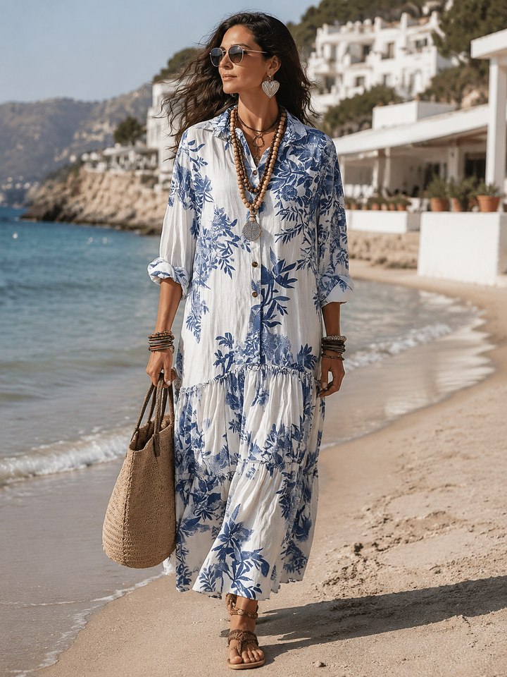 Abito Maxi Bohemien Blu con Stampa Floreale