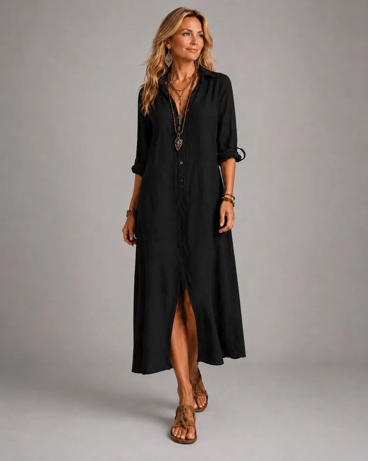 Vestito Maxi Bohemien con Bottoni Frontali Neri
